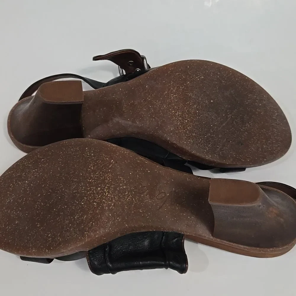 Naya Alamosa Black Leather Sling Back Sandals Block Heel Sz 9.5 Buckle Strappy‎